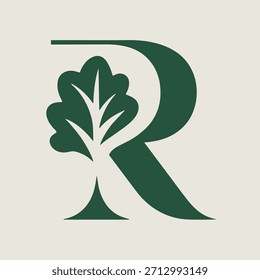Logotipo de árbol verde con letra r sobre fondo beige