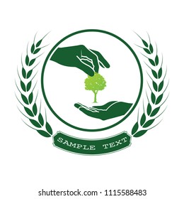 green tree logo on human hand. nature icon and ecology concept, vector illustration