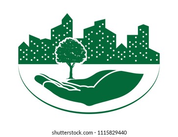green tree logo on human hand with city background. nature icon and ecology concept, vector illustration