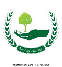 green tree logo on human hand. nature icon and ecology concept, vector illustration
