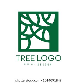 Green Tree Logo Original Design, Green Eco Square Badge, Abstract Organic Element Vector Illustration