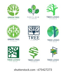 Green tree logo original design set of vector Illustrations in green colors