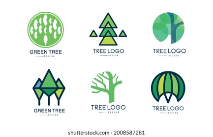 Green Tree Logo Original Set, Abstract Labels for Your Own Design Flat Vector Illustration