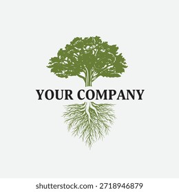 Um logotipo de árvore verde com raízes e o texto de 'SUA EMPRESA' em um fundo branco para marca e sustentabilidade ecológicas