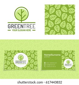 Green tree logo set consisting of emblem, leaves pattern and business card for nature firm, natural product, organic shop, ecology company, green unity, garden, farming, forest. Vector Illustration