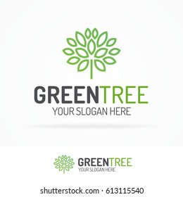 Green tree logo set with leaves line style for use organic shop, ecology company, alternative medicine, green unity, nature firm, natural product, garden, farming, forest etc. Vector Illustration