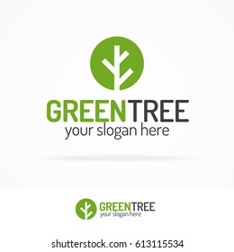 Green tree logo set on circle for use alternative medicine, green unity, garden, farming, nature firm, natural product, organic shop, ecology company etc. Vector Illustration