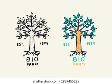 Logo de Green Tree. Concepto vegetariano. Etiqueta Vegan orgánica. Madera de granja. Ilustración vectorial. Insignia para pegatinas o camisetas o menú en un restaurante. Esbozo grabado a mano.