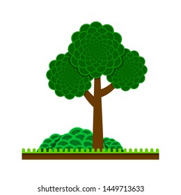 A green tree with a lush crown, grass and bush. Nature. Place to rest. Cartoon, flat style. Vector. Illustration.