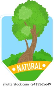 Green tree with lush leaves on a floating island with NATURAL label. Eco-friendly and sustainability concept vector illustration.
