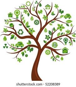 Green tree with many ecological icons and logos