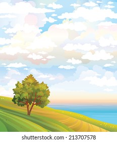 Green tree in the meadow and blue sea on a cloudy sky. Natural vector landscape.