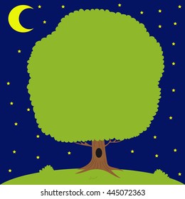 Green tree in meadow, moon is shining