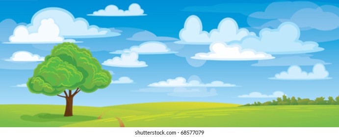 Green tree in meadow on blue sky