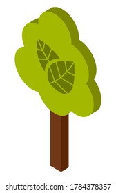 Green tree minimalistic design with a lush crown, thick brown trunk isolated on white background. Flat vector illustration of big plant with foliage round shape, landscape element in cartoon concept