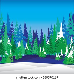 Green Tree. Mountain and Tree background. The colorful Christmas tree and snow on blue sky  background.