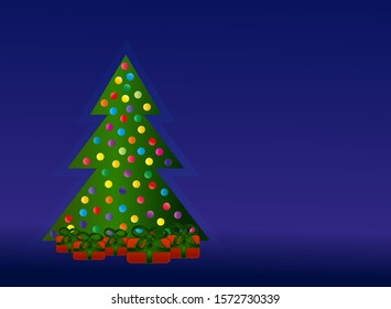 green tree with multi-colored round balls and five red boxes with green ribbons and bows near the Christmas tree on a dark blue background