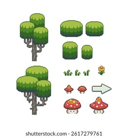 Green tree mushroom pixel art icon set isolated vector. Eco Green Organic Oak Plant Logotype concept. Design logo, mobile app, sticker, embroidery. Game assets 8-bit sprite.