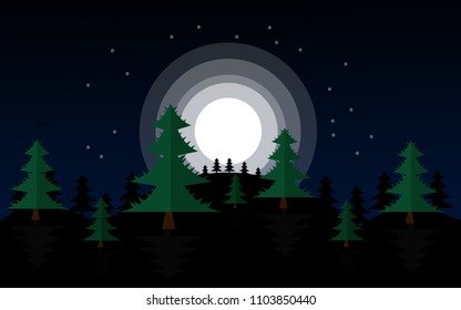 Green tree in the night sky with large moon vector