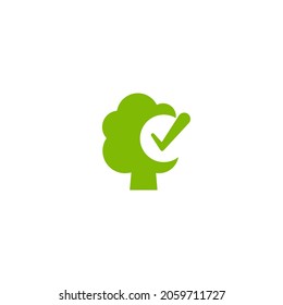 Green tree with ok tick. Valid seal. Save forest, wood resources emblem. Nature check. Safety environment. Healthy food and drink. Ecology, eco friendly sticker. Organic, nature care. Checked stamp.