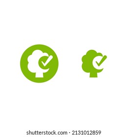 Green tree with ok tick. Valid seal. Save forest, wood resources emblem. Nature check. Safety environment. Healthy food and drink. Ecology, eco friendly sticker. Organic, nature care. Checked stamp.
