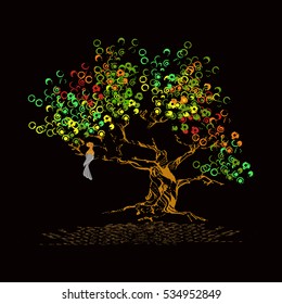 green tree on a dark background, colorful leaves of blots and circles, graphic, architectural style