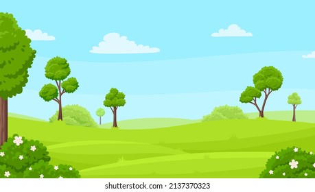 Green tree on hill landscape. Fields or park, beautiful meadow with blossom bushes. Cartoon morning and clouds on blue sky, nature view garish vector background