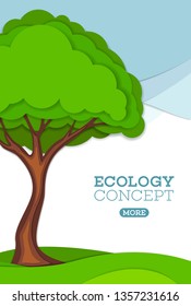 Green tree on meadow vector illustration in paper art style. Ecological preservation of nature and environment.