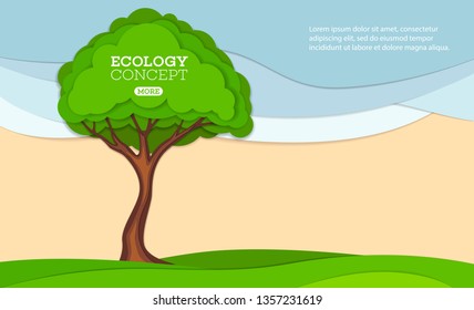 Green tree on meadow vector illustration in paper art style. Ecological preservation of nature and environment.