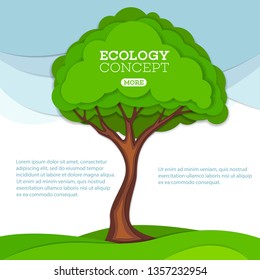 Green tree on meadow vector illustration in paper art style. Ecological preservation of nature and environment.