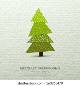 Green tree on watercolor paper with artifacts and scratches. Vintage background. Greeting Card. Vector EPS 10 illustration.