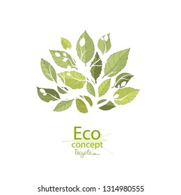 Green tree on white background. Bright fresh green leaves. Ecology theme Happy Earth Day. Environmentally friendly world. Concept of info graphics. Logo. Vector illustration. Minimalistic style.