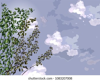 Green tree over dark sky background Vector illustration