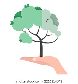 A green tree in the palm of a half-dried as a symbol against environmental pollution