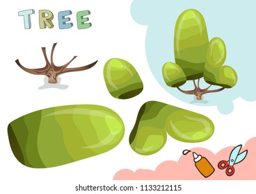 Green Tree Paper Model. Small home craft project, paper game. Cut out and glue. Cutouts for children. Vector template.