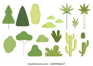 Green Tree and Plants with Bush, Palm and Cactus Big Vector Set