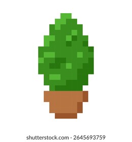 Green tree in pot pixel art vector illustration. Cartoon pixelated thuja conifers nature decoration isolated. Potted plant floral design element for 8 bit retro video games