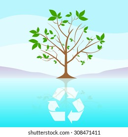 Green Tree Recycle Flat Eco Icon Blue Sky Clouds Vector Illustration