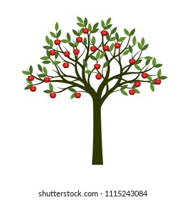 Green Tree and red apple fruits. Vector Illustration. Plant in garden.