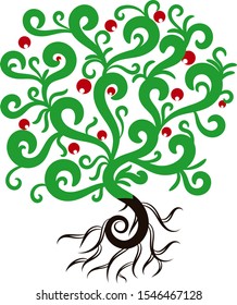 green tree with red apples and a brown trunk and roots