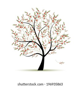 Green tree with red berries for your design