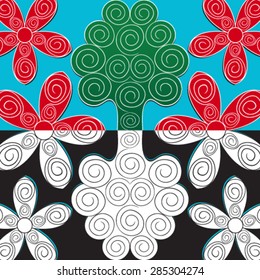 Green tree and red flowers with white reflections - vector illustration.
