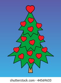 green tree with red hearts on blue sky