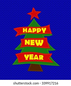 Green tree with red ribbons and stars sewn on the blue knitted cloth. Christmas background. Vector Image.