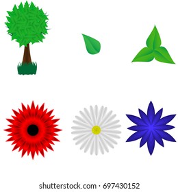 Green tree and red , white and blue flowers.