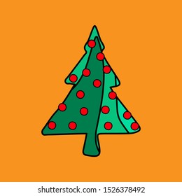 Green сhristmas tree and red Xmas balls. Doodle cartoon fun multicilor element. Vector illustration for apps, gifts, souvenirs, New Year's things, children's baby clothing.
