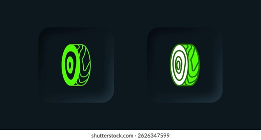 Green Tree rings icon isolated on black background. Wooden cross section. Black square button. Vector