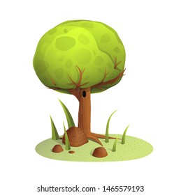 Green Tree and rocks on the Summer Lawn. Forest Tree isolated on white vector object clip art. Green ecological tree or bush with rocks cartoon design.
