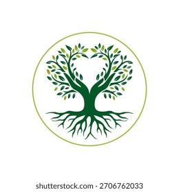 A green tree with roots and branches forming a heart shape, surrounded by a circle, symbolizing nature, love, and growth.