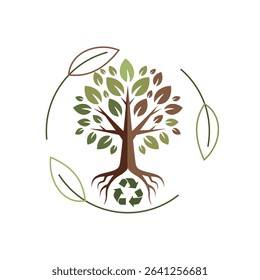 Green tree with roots forming a recycle symbol and leaves circling, representing eco-friendly, sustainable, and nature concepts.